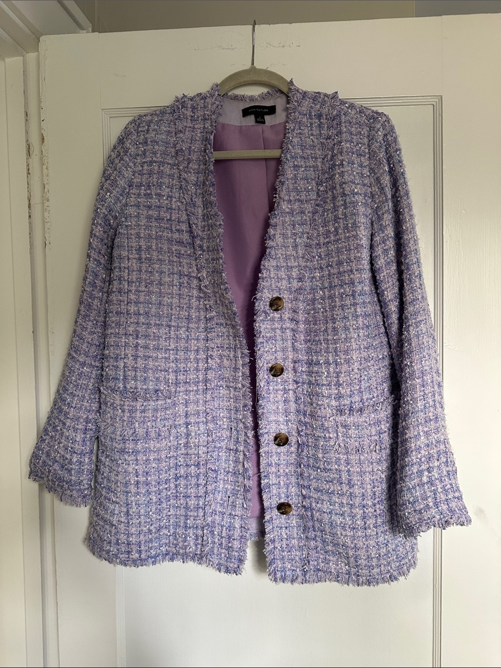 Ann Taylor Lavender Tweed Fringed Jacket